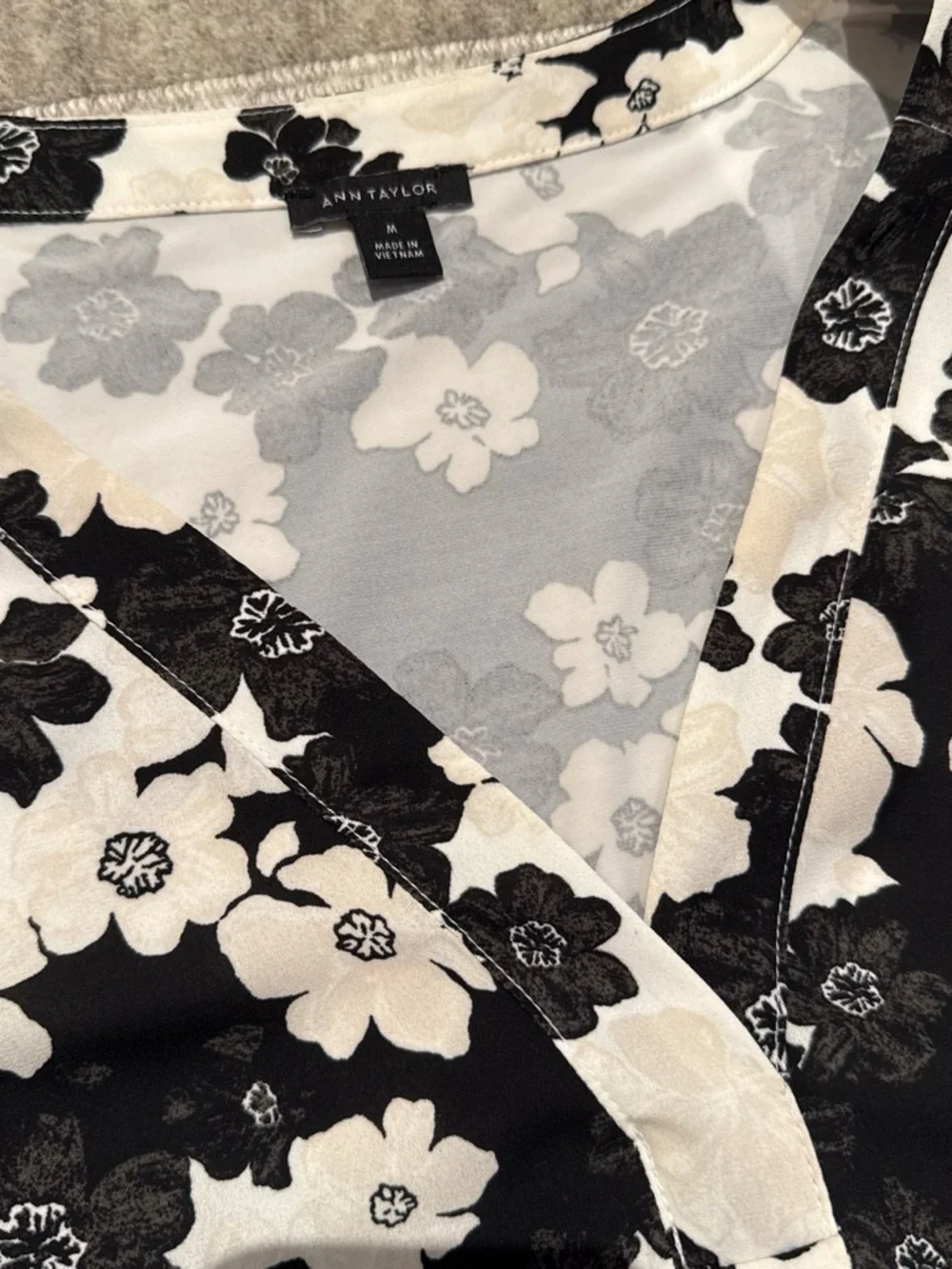 Ann Taylor Black and Cream Floral Wrap Blouse